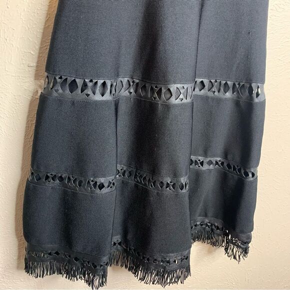 Parker serene leather fringe trim sleeveless fit flare skater dress black - Picture 7 of 9